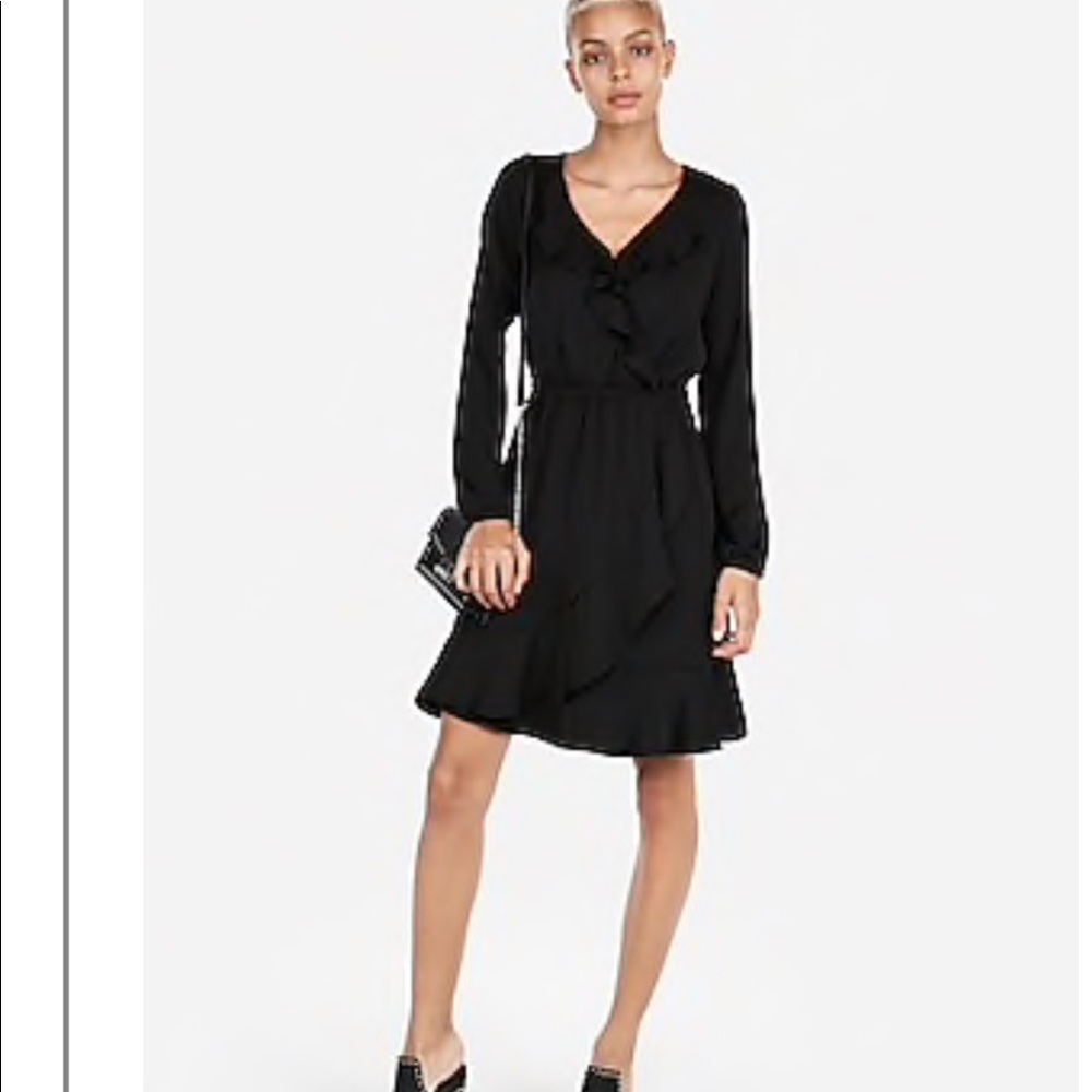 Express black Ruffle Elastic Waist Wrap Dress